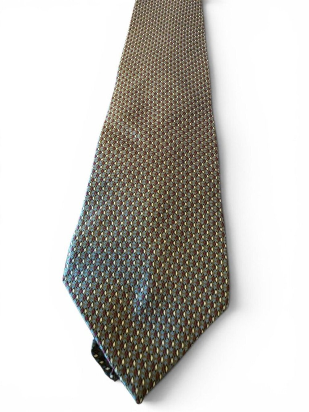 John Henry 100% Silk Geometric Necktie Brown Blue Burgundy Diamond USA 4" - Picture 5 of 11
